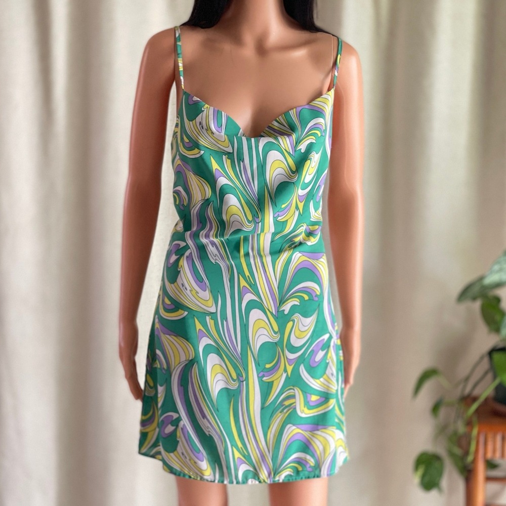 Pretty Garbage Green Psychedelic Swirl Cowl Neck Mini Dress Small PSD075 - Picture 2 of 6